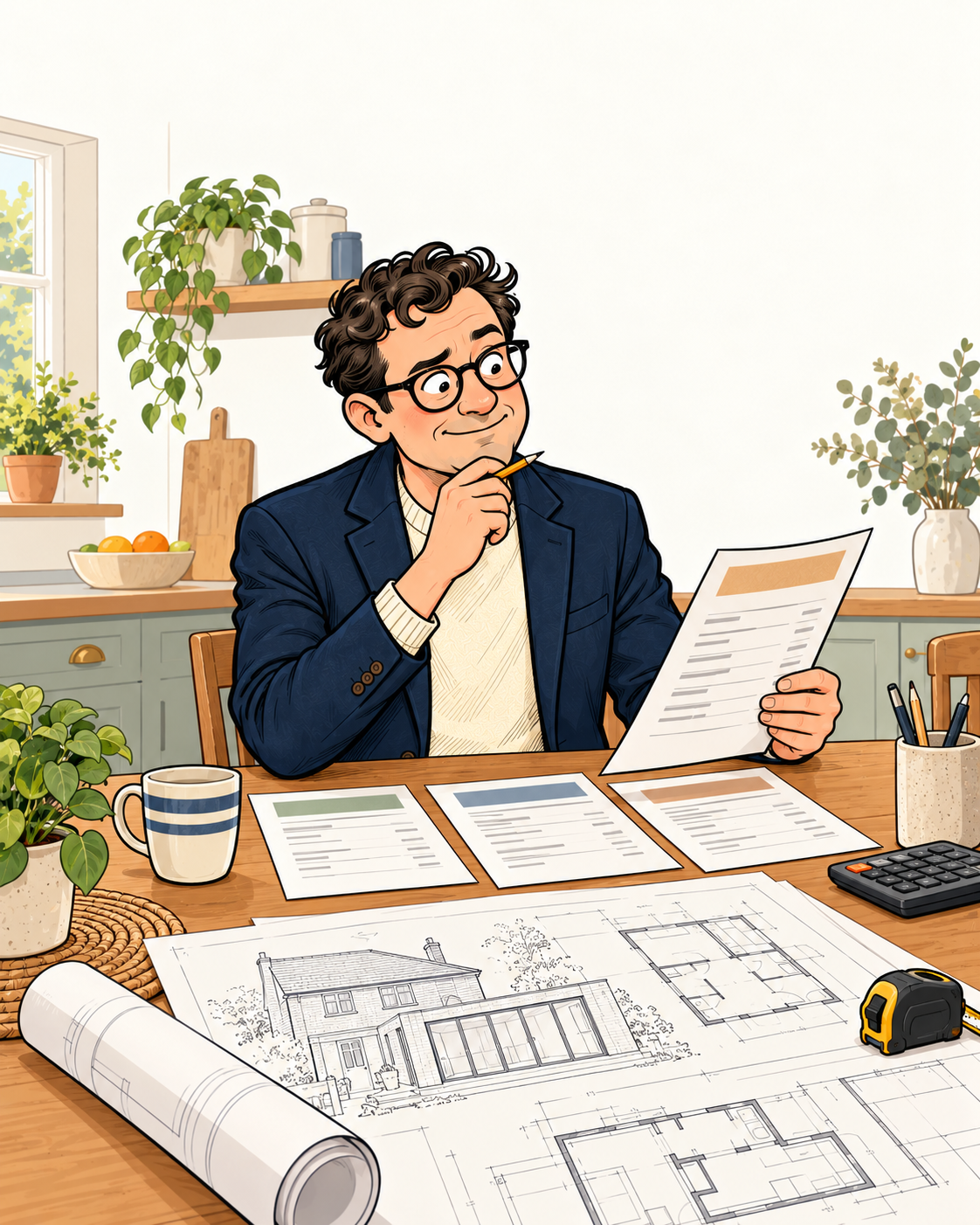 Illustrated homeowner carefully reviewing builder quotations and plans